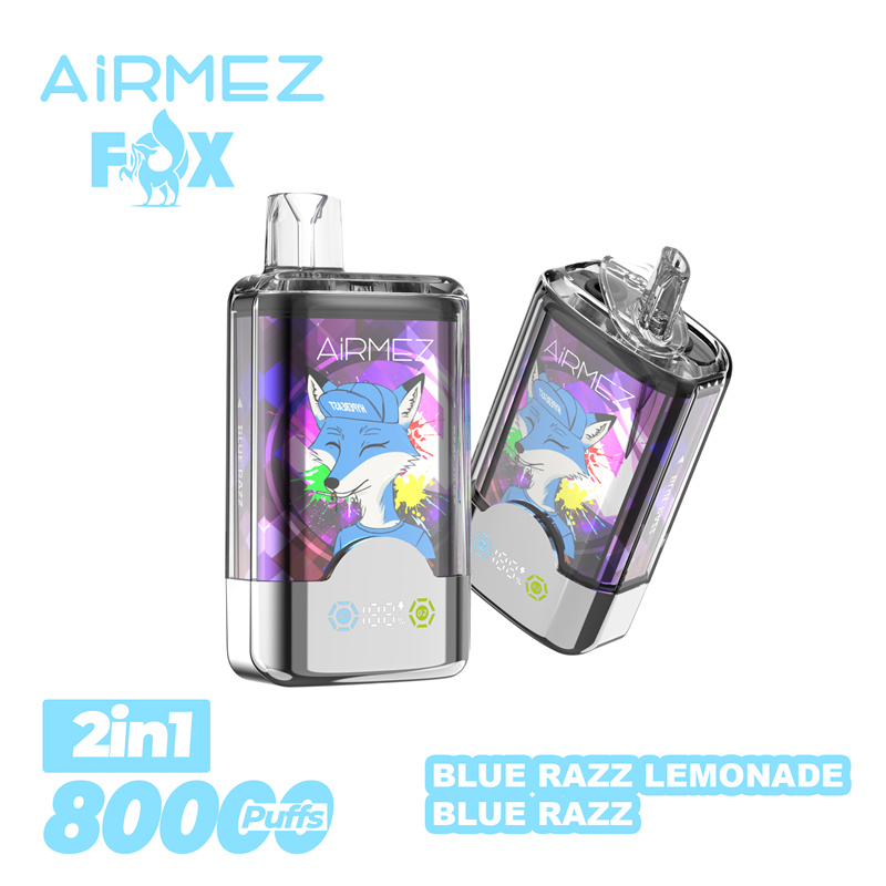 Airmez FOX 2 in 1 vape label showing e-liquid flavor and battery details